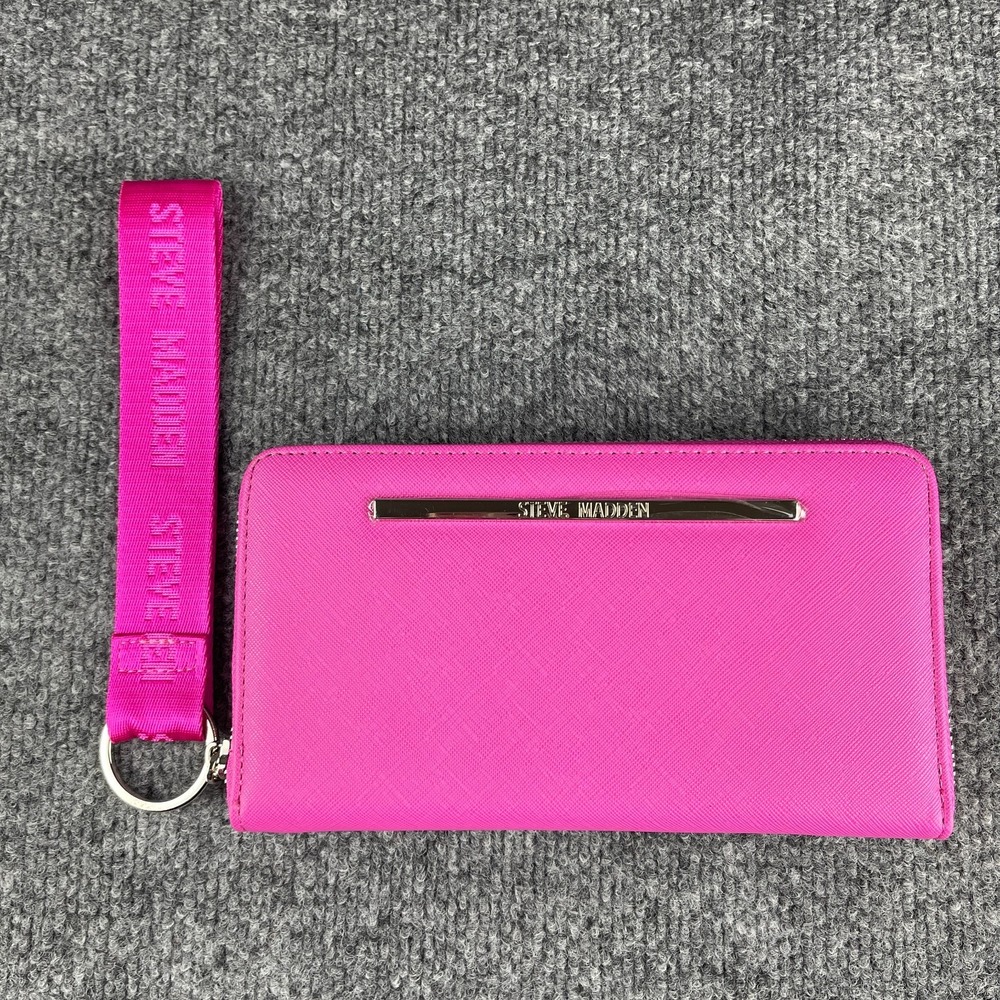 Steve Madden Hot Pink Faux Leather Zip Around Wristlet Wallet Card Slots NWOT